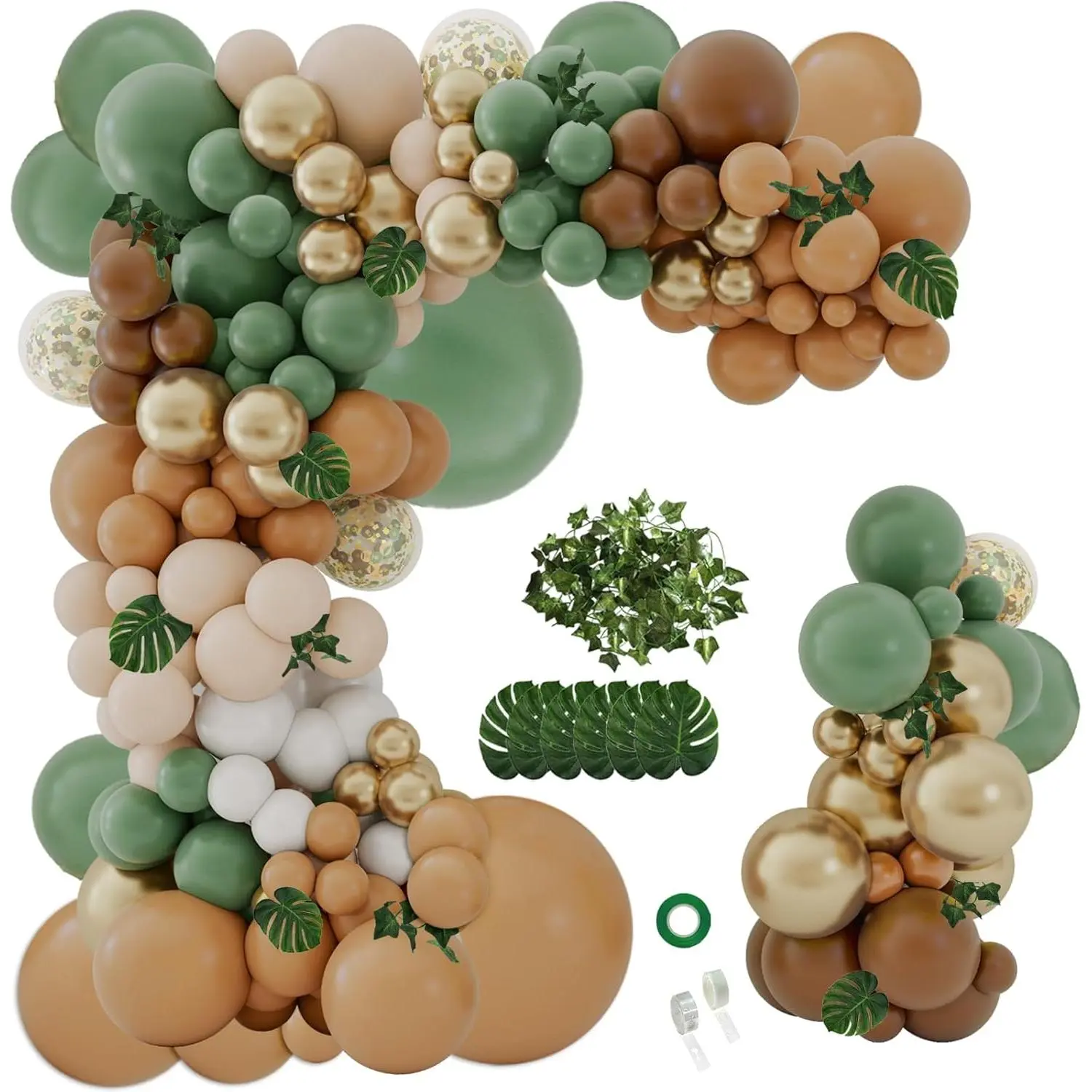 142PCS Sage Green Brown Balloon Garland Kit Jungle Safari Wild Woodland Balloon Arch Olive Green Gold Coffee Cocoa Balloons for Wedding Birthday Shower Party Decorations