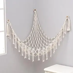 Hand-Woven Rope Net Triangular Wall-Mounted Toy Storage Basket Organizer, Durable Home Supply for Living Room and Bedroom, Maximizes Space