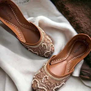 Handmade Bronze Khussa Juttis: Beaded Bridal Flat Shoes