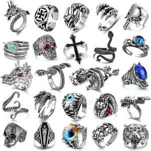 24Pcs Vintage Punk Rings Set for Men Cool Gothic Chunky Rings Statement Snake Claw Skull Dragon Eyes of Hell Open Boho Ring Set