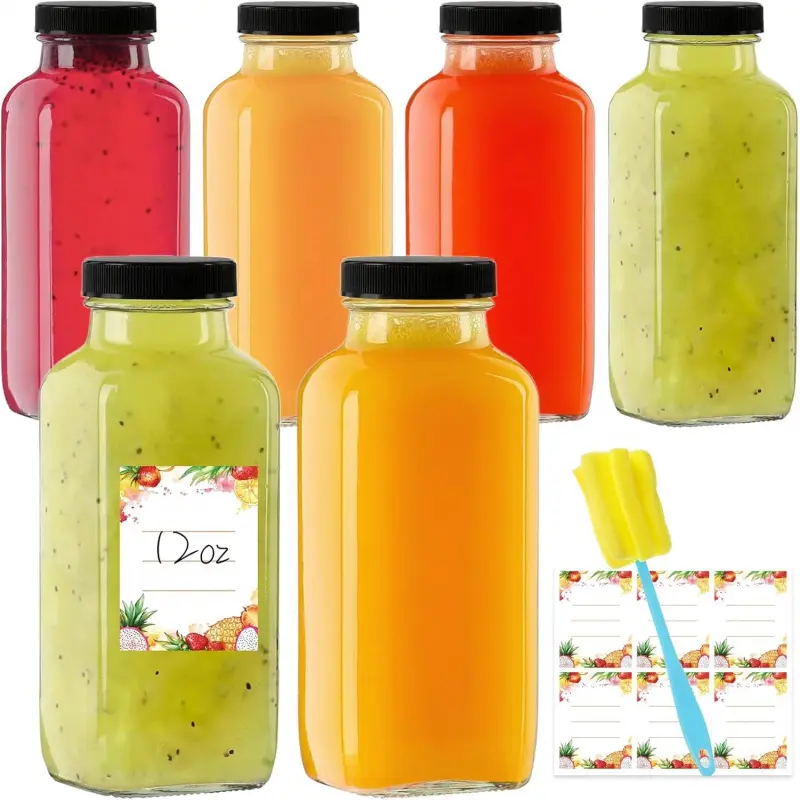 12 oz Airtight Glass Bottles with Leakproof Lids - 6-Pack Reusable Jars, Container for Kombucha/Green Drinks, Active Lifestyle Use, Dishwasher Safe Home Supplies + Cleaning Brush, Fruit Juice Bottles, Square Base