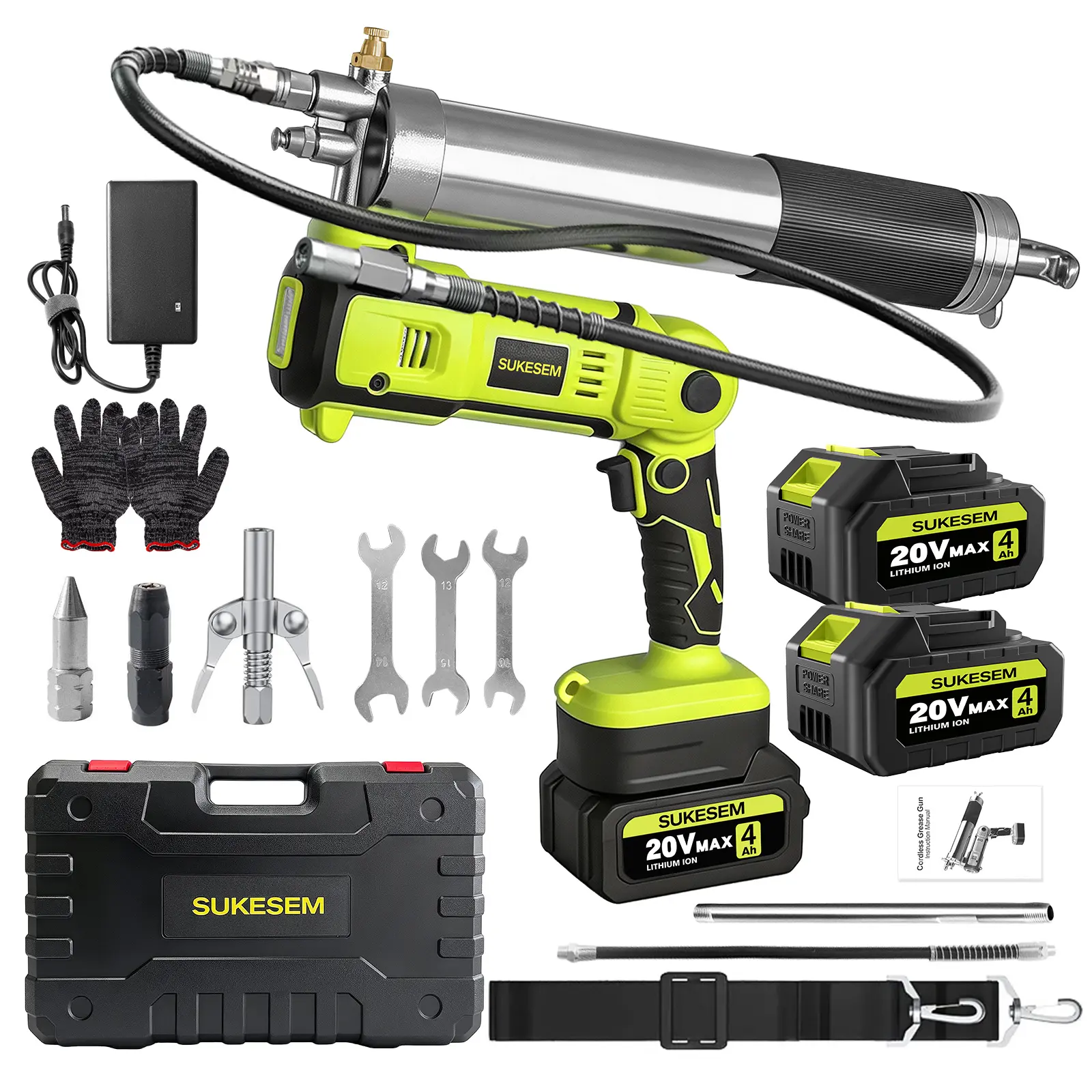 SUKESEM Cordless Electric Grease Gun, 10000 PSI High-Power Lubrication Tool, 3 oz/min Battery-Powered Device with 2×4.0Ah Batteries, LED Light, 39.4-in Flexible Hose for Automotive, Heavy Equipment,toolupgrade