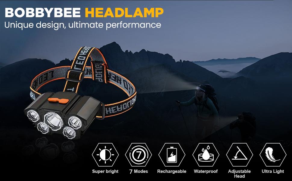 2 Rechargeable LED Headlamps - 5 LED High Lumen Flashlights (18000 Lumens), USB Charging, Waterproof, Adjustable Design, Ideal for Outdoor Camping, Car Maintenance, Father's Day Gifts, Led Headlamp Rechargeable