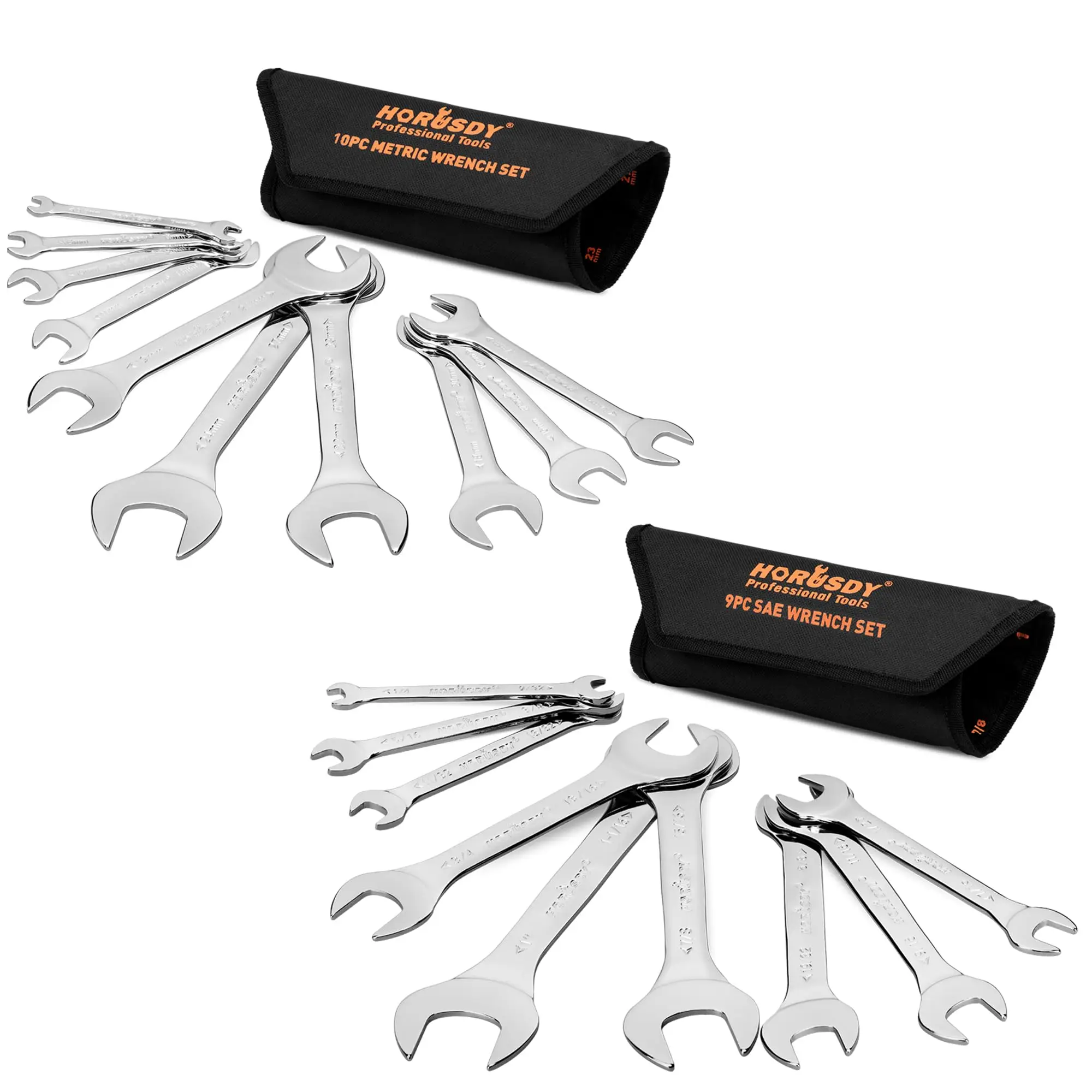 HORUSDY Thin Open End Wrench Set | Bike Wrench Set with Rolling Pouch | 19-Piece SAE & Metric | CR-V Steel | 1/4" to 1-1/16" & 5.5mm to 27mm for Mecha
