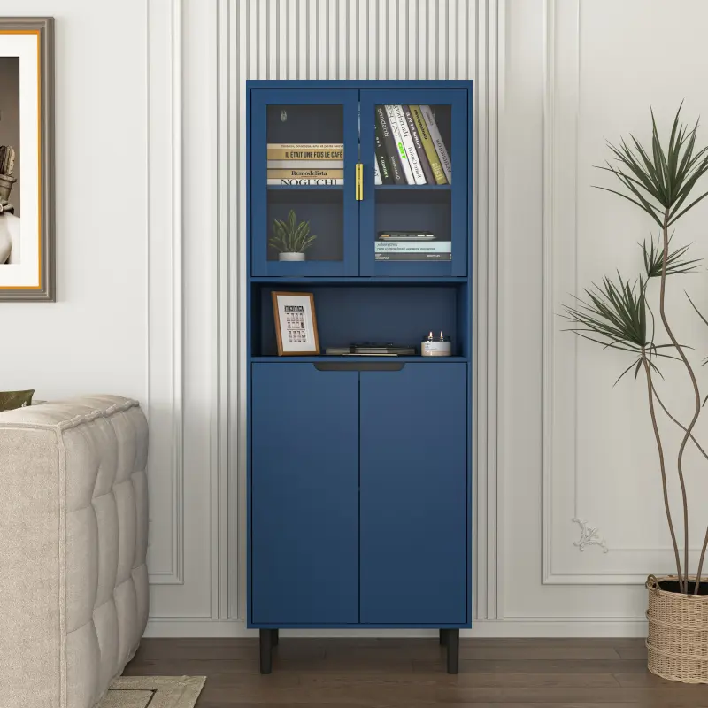 Tempered Glass Door Tall Storage Bookcase with adjustable board 4 doors MDF painting finished cabinet Navy Blue Living room Bedroom storage