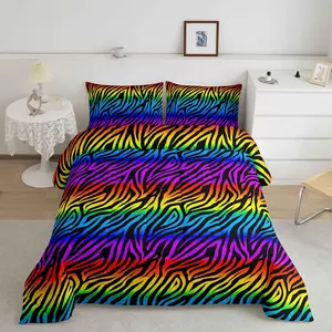 Zebras Skins Comforter,Rainbow Zebra Stripes Luxury Bedding Set,Colorful Zebra Designer Comforter Set,Zoo Animal Fur Print Microfiber Duvet Set, Bedroom Bedding Set, Breathable Duvet Set