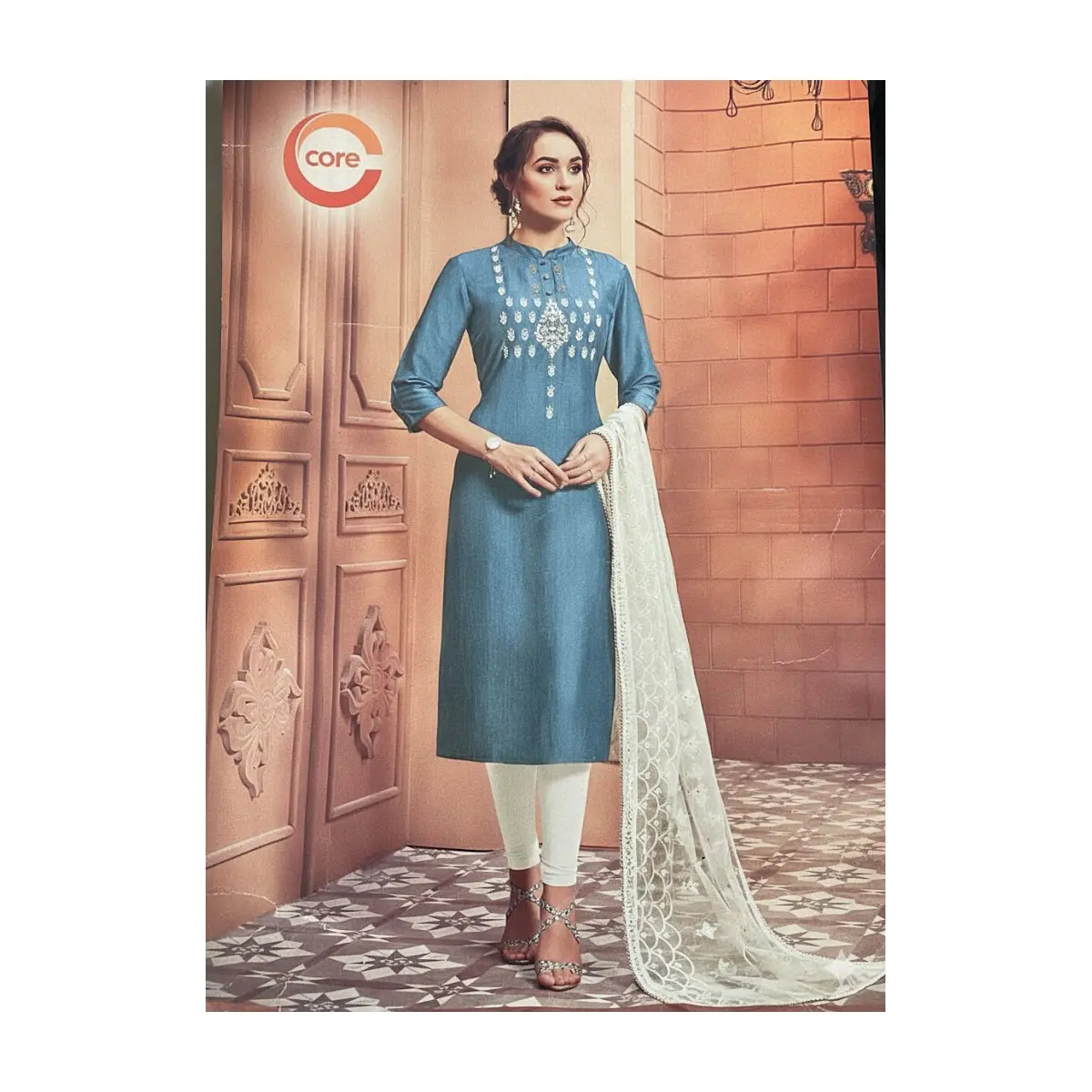 CORE 15 Elegant Denim Blue Embroidered Kurti with White Net Dupatta Set