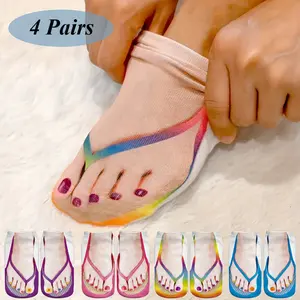 Set of 4 Pairs of Cute & Fun Brightly Colored Flip-Flop-Style Women's Ankle Socks - Soft, Stretchy, and Snug-Fitting, Featuring 3D Nail Polish Prints - Ideal for Daily Casual Wear, Lounging at Home, and Beach Trips.