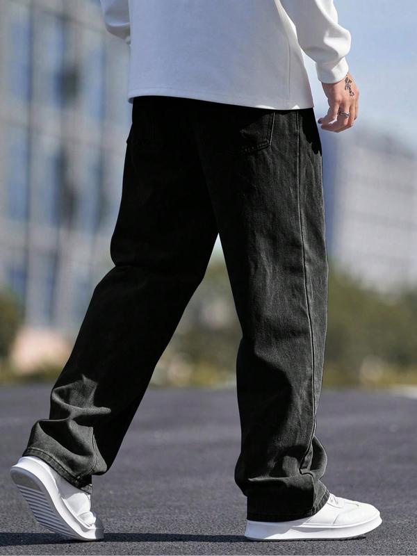 【Plus Size】 Men's Solid Color Wide Leg Slouchy Jeans, Fashion Casual Comfy Denim Trousers for Daily Outdoor Wear, Men Plus Size Bottoms for All Seasons, Pants