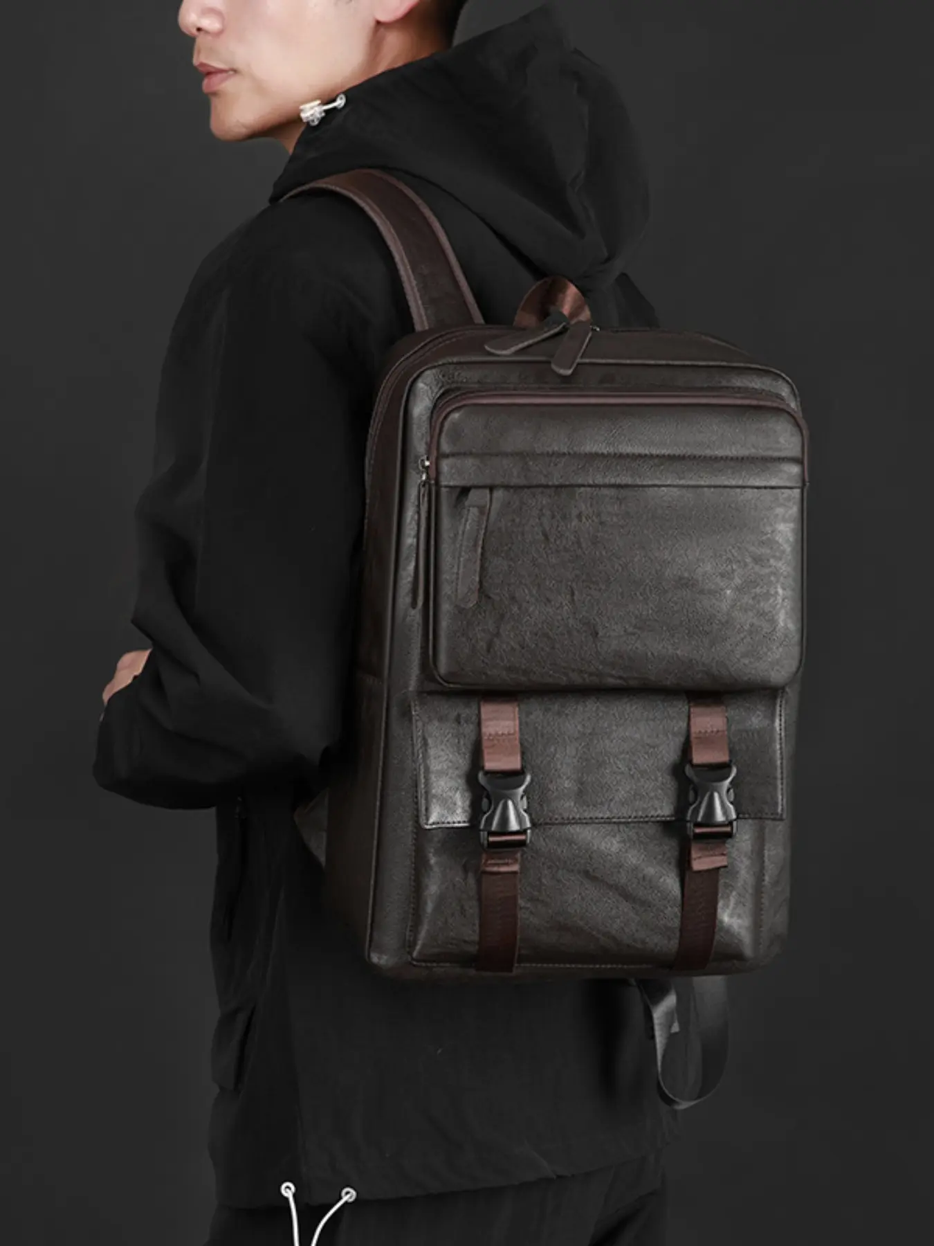 Large Capacity Multi-Layer Laptop Bag Soft PU Leather Men's Shoulder Backpack Casual Trendy School Bag Unisex Handbag Laptop Work Bag Working Bag Laptop Backpacks