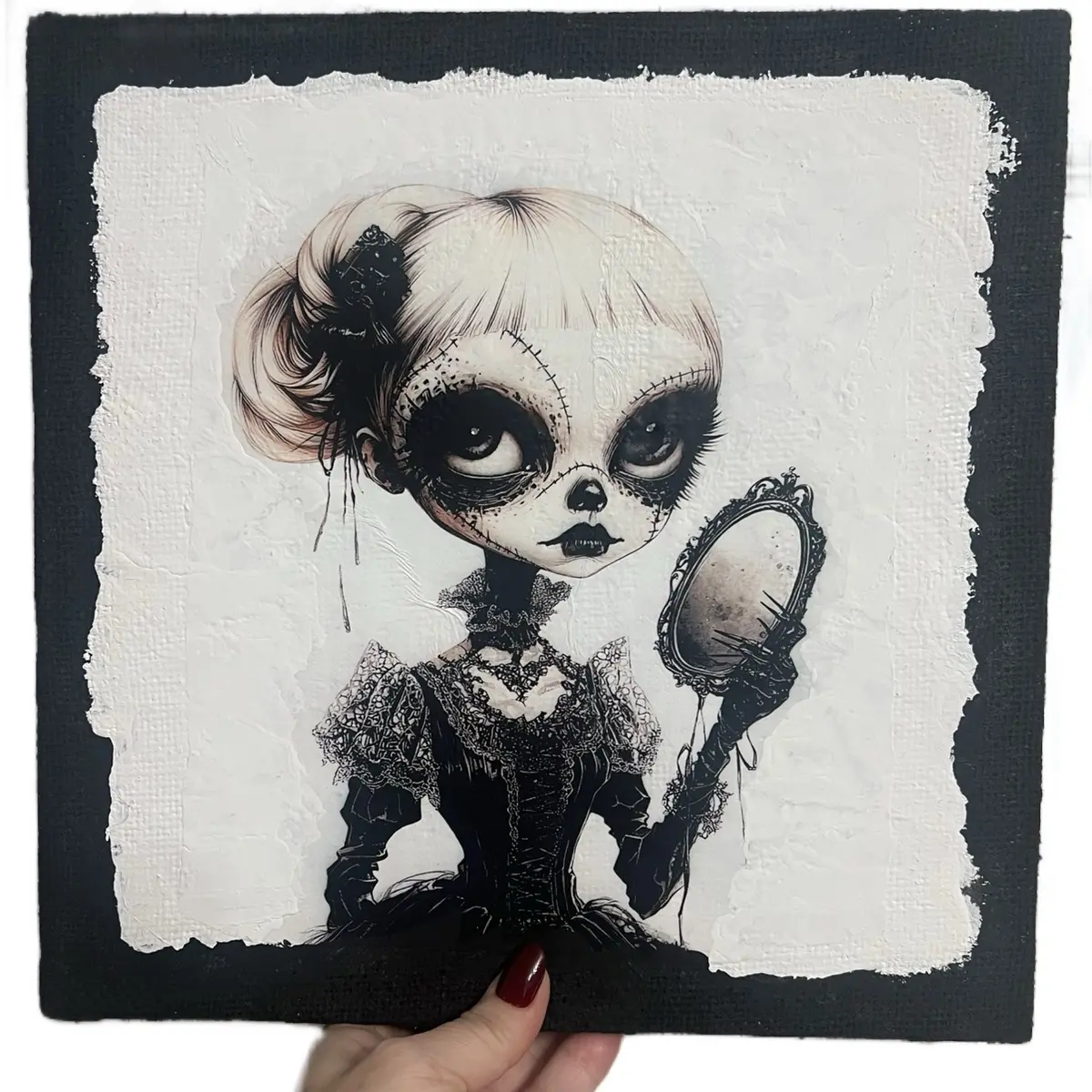 Goth Girl with Mirror Wall Art - Unique Handmade 12 Inch Burlap Canvas for Home Decor - Eco-Friendly and Biodegradable