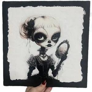 Goth Girl with Mirror Wall Art - Unique Handmade 12 Inch Burlap Canvas for Home Decor - Eco-Friendly and Biodegradable