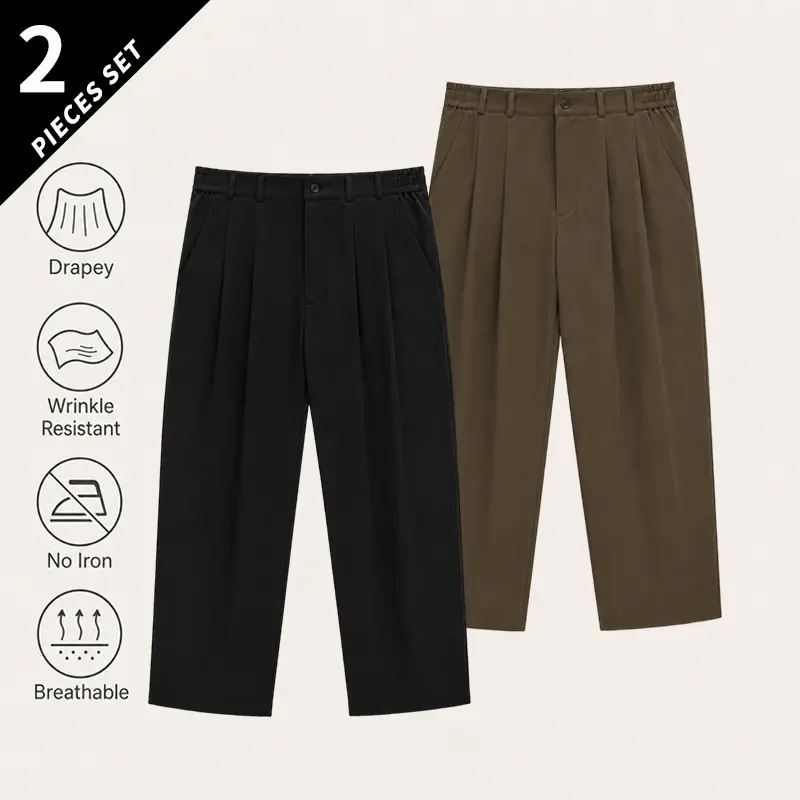 Men's 3-Pack Wrinkle-Resistant No-Iron Wide-Leg Slim-Fit Trousers - Relaxed Straight Cut, Fluid Drape, Breathable Polyester Fabric, Menswear for Office Commuting & Business Casual Everyday Wear