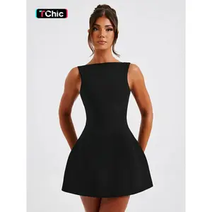 Women's Solid Backless Boat Neck Tank A-line Dress, Street Fashion Casual Sleeveless Short Dress for Daily Outdoor Wear, Ladies Dress for Summer, Teacup Dress