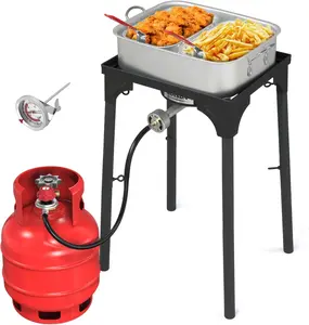 ROVSUN 58,000 BTU Propane Fryer Set with Heightened Gas Stove, 18 QT Aluminum Deep Fryer Pot, 2 Baskets & Thermometer for Outdoor Backyard Frying Fish, Chicken Wings, French Fries & More
