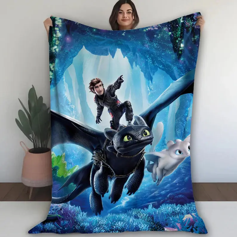 Personalized How to Train Your Dragon Soft Fleece Blanket - Toothless, Light Fury, Hiccup Character Dragon Graphic Blankets, Wrinkle-Resistant, All-Seasons Fleece Throw, Christmas Gift for Kids