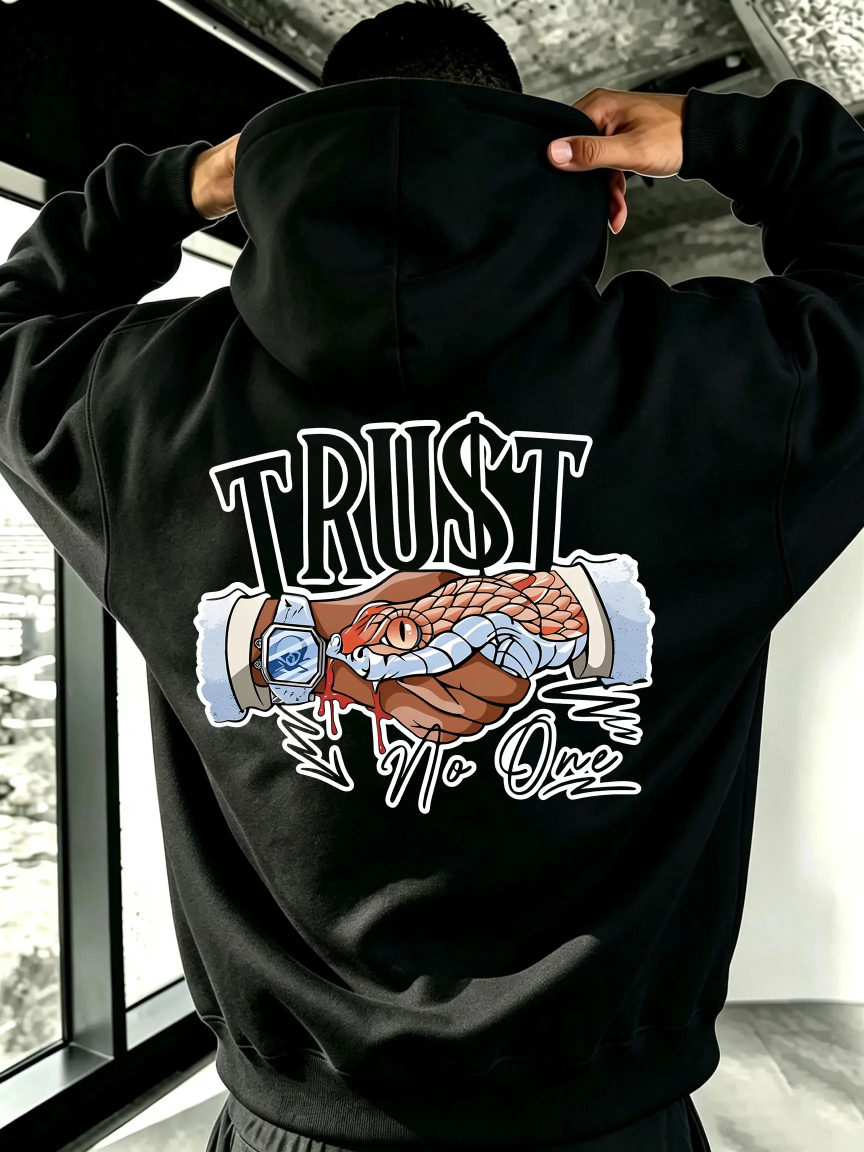 TRUST NO ONE venomous snake handshake cartoon illustration, double-sided hooded sweatshirt with front and back designs, unisex oversized American hip-hop hoodie