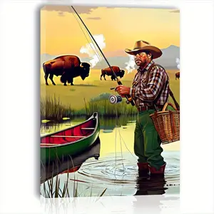 1 Piece Country Modern Style Wooden Frame Canvas Wall Art - Fisherman by the Lake and Bison, Natural Scene Oil Painting, Living Room, Bedroom, Kitchen, Home Office Decoration, Ready to Hang - Ideal Gift for Him or Her, Lakeside House Decoration, Tranquil