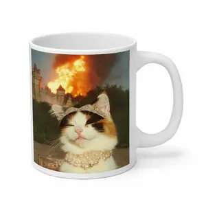 Calico Cat Mug, White Ceramic Cat Mug, Stylish Cat with Tiara & Pearls, Funny Cat Design, Fiery Castle Background, Cute Cat Lover Gift, Unique Cat Mug, Gift for Her, Funny Pet Lover Gift, Cat Lover Gift Idea, Cute Cat Cup