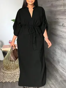 Plus Size Women'S Deep V Neck Mid-Length Sleeve Waist Drawstring Side Slit Loose Casual Long Dress