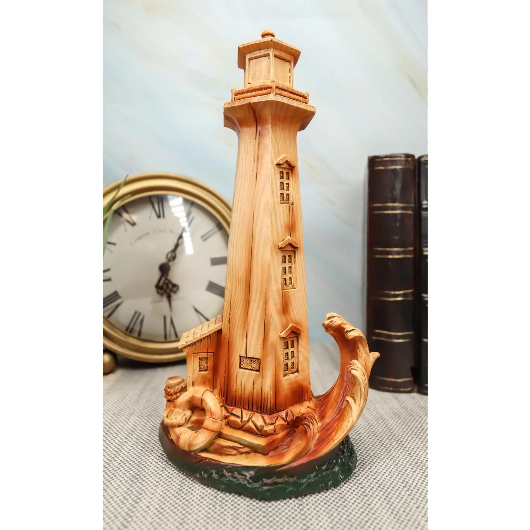 Ebros 9"H Handcrafted Wooden Nautical Lighthouse Statue with Life Ring Buoy, Crashing Ocean Wave - Home Decor Sculpture, Indoor Home Decor Statue