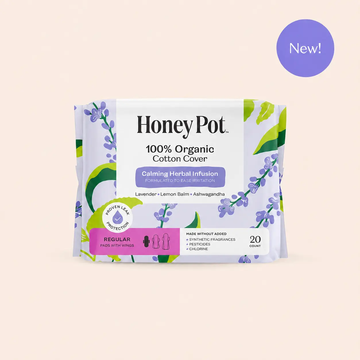 The Honey Pot Company - 100% Organic Cotton Cover Calming Herbal Infusion Regular Pads With Wings