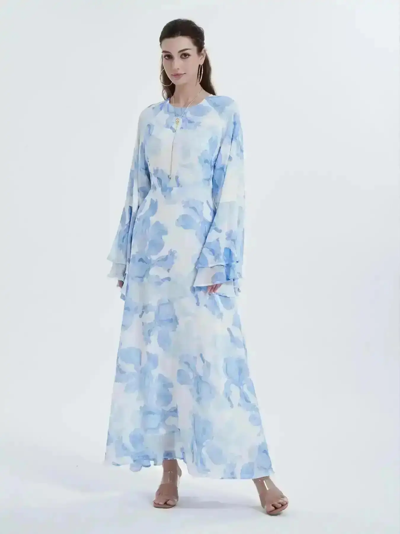 Fashion Party Mini Dress, Print Layered Sleeve Dress, Modest Flounce Round Neck Long for Party Wedding Guest, Ladies Islamic Clothing Seasons, Womenswear, Elegant Dresses, Gown, Formal, Conservative, Versatile