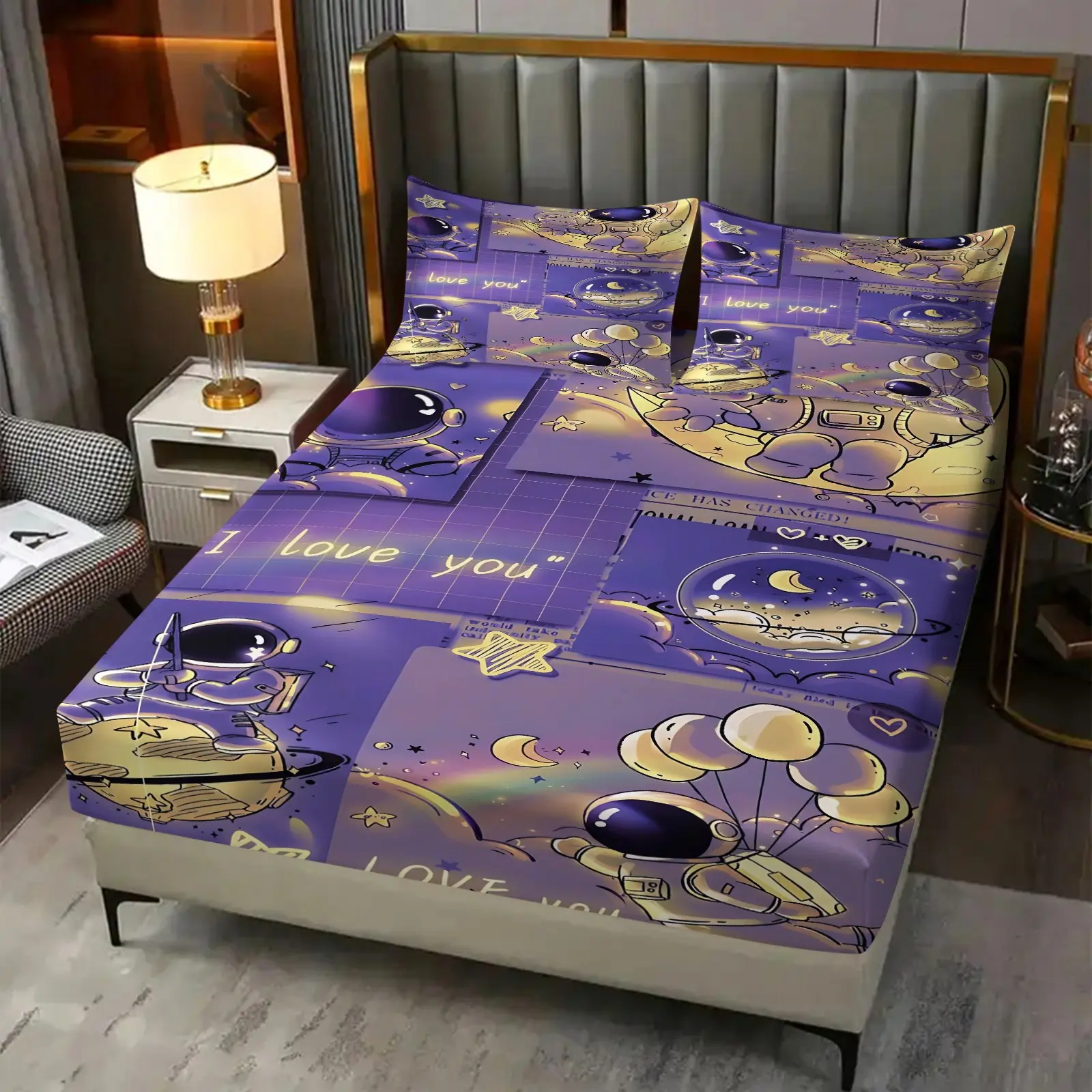 3Pcs Cosmic Cartoon Astronauts Pattern Fitted Sheet Set, Whimsical Space Themed Bedding Set, Soft & Cozy Digital Print Bedspreads, Perfect for Kids' Bedroom Decor and Starry Night Dreams! Includes 2 Pillowcases, No Pillow Core
