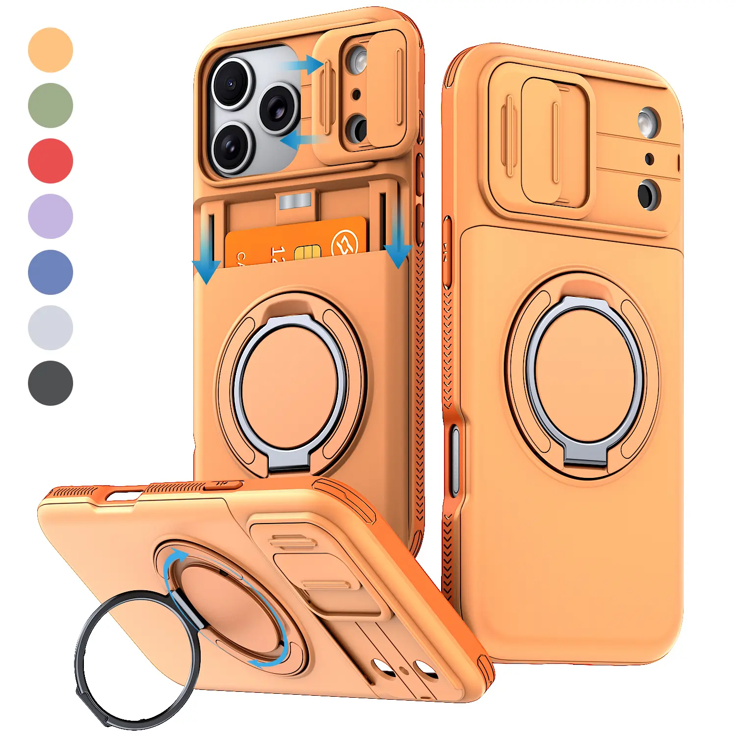 Case for iPhone 18 17 16 15 14 13 12 Pro Max with Slide Camera Cover, Built-in 360° Rotating Ring Stand & Card Holder, Heavy Duty Shockproof Protective Phone Case