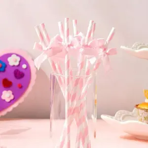 Blue Striped Paper Straws with Satin Bow, 20pcs Disposable Decorative Straws for Bridal Shower, Girl's Birthday Party Supplies