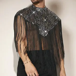 Fringe Trim Mock Neck Sleeveless Sequin Party Hooded Vest Top