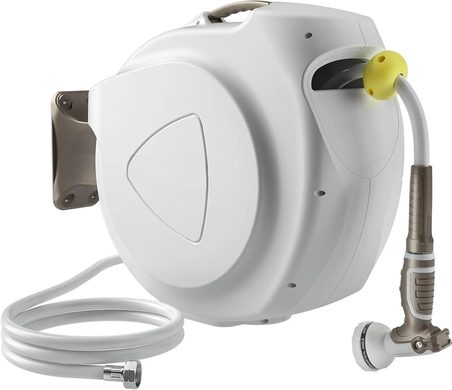 Wall Mount Retractable Garden Hose Reel, 5/8 in x 65+6 ft, Heavy Duty Outdoor Water Hose Reel with Spring-Powered Automatic Rewind, Length Lock, 180° Swivel Bracket, 10 Spray Nozzles, 450 psi