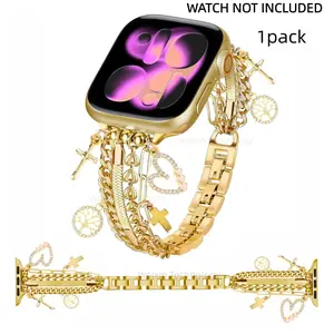 Chain Strap, Watch Straps, Smartwatch Accessories for Women Compatible with Apple Watch 38mm 40mm 41mm Adjustable Jewelry Strap with Love Pendant 44mm/45mm/49mm Suitable for iWatch Series 11/10/9/8/7/SE/Ultra