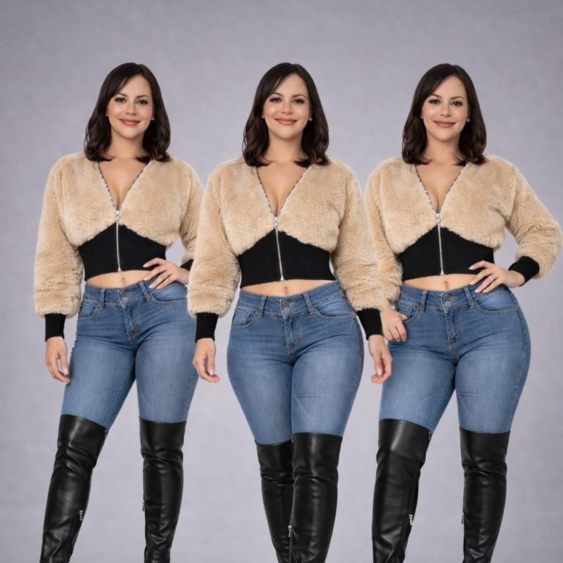 Women's Fashion Spliced Wool Short Jacket Comfortable Long Sleeve Style Outerwear Polyester Casual Thick Garment Womenswear Coats Soft Tops