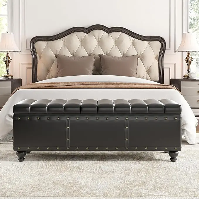 [Summergarden] Vabches Faux Leather Upholstered Cushion Stool - Wood Seat Frame, Storage Functionality, Footstool for Bedroom End of Bed, Living Room