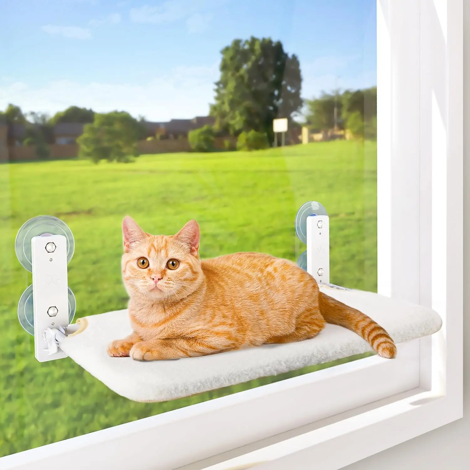 Cordless  Window Perch,  Hammock for Wall with 4  Suction Cups, Solid Metal Frame and Reversible Cover, Foldable  Beds for Indoor Cats (Medium-White)