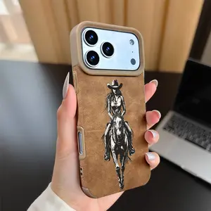 1pc brown cowboy riding horse print pattern, matte faux leather full-cover large hole protective phone case Compatible With IPhone 17/17 Air/17 Pro/17 Pro Max/16/16 Pro/16 Plus/16 Pro Max/15/15 Plus/15 Pro/15 Pro Max