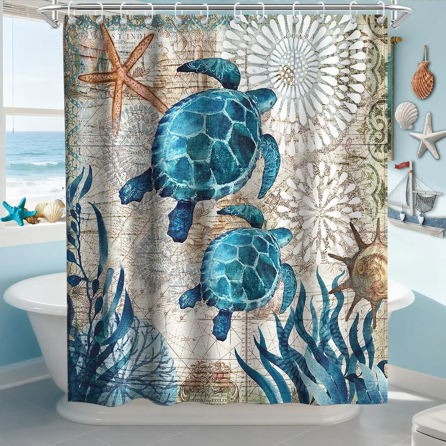 72x72 in Nautical Green Sea Turtle Beach Theme Fabric Shower Curtain Set with Plastic Grommet Hooks, Blue Ocean Teal Home Decor, Ideal Gift for Bathrooms, Polyester