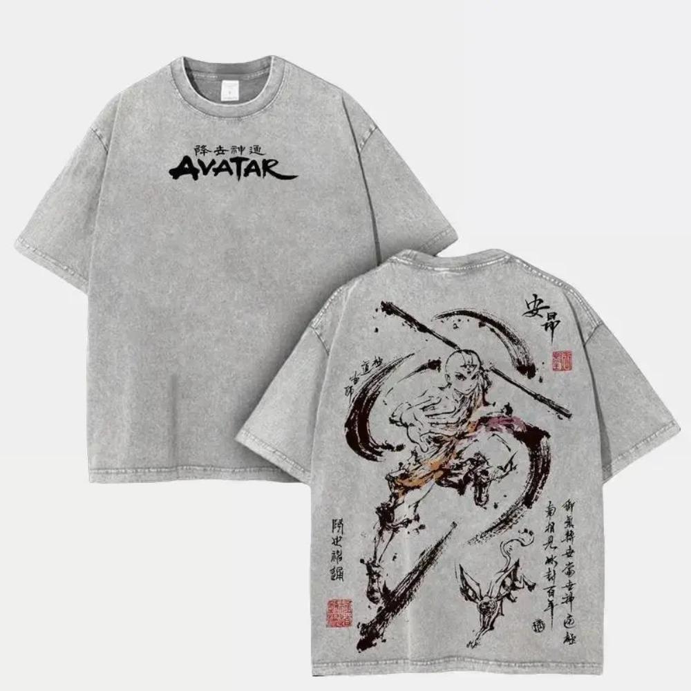 Aang Shirt Avatar the Last Airbender Animated Vintage T-Shirt Menswear Top Underwear The Last Air Nomad Anime Double Printed Washed Tee Unisex Oversize Streetwear - Oversized