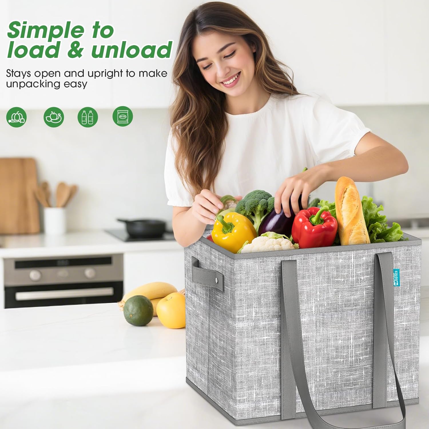 Reusable Grocery Bags, Large Foldable Shopping Tote Bags with Reinforced Handles & Hard Bottom, 3 Pack