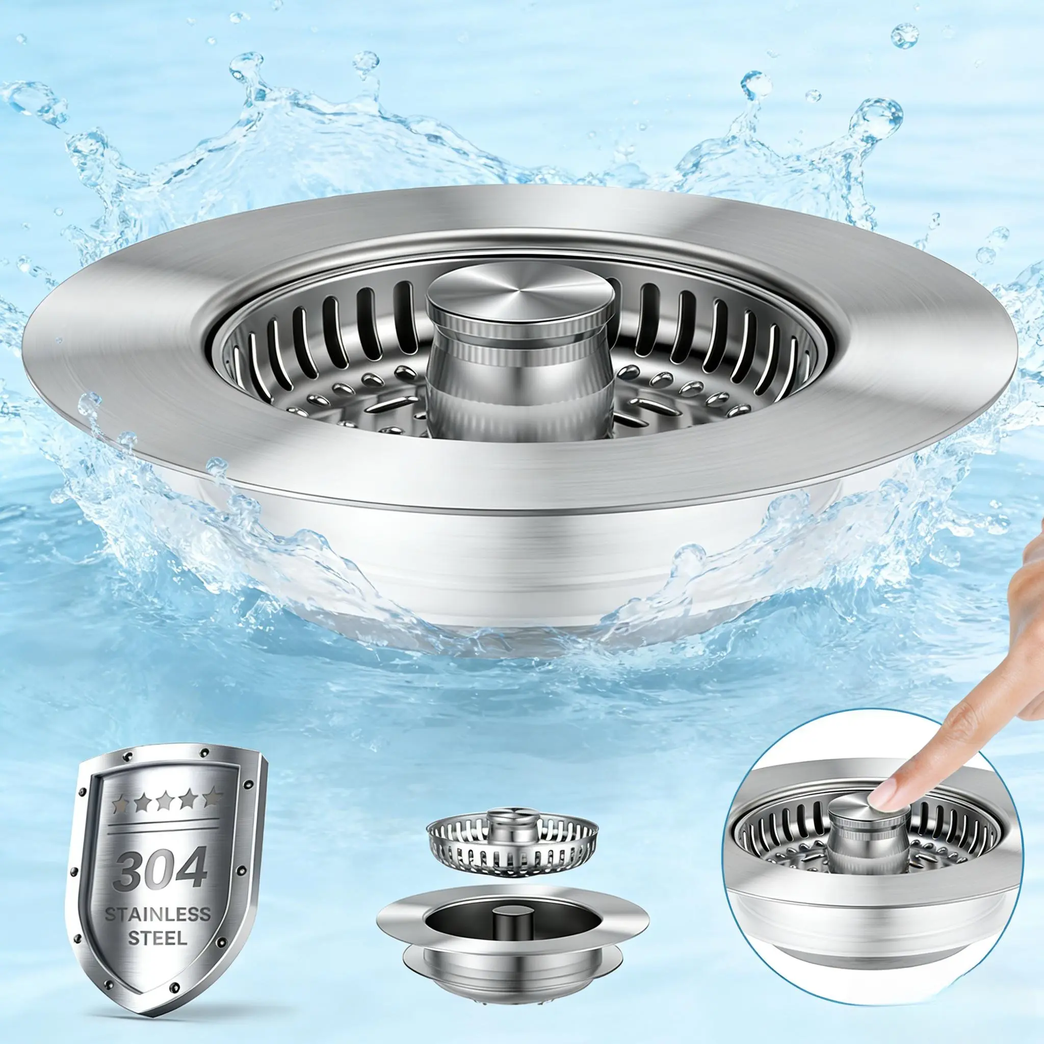 3-in-1 304 Stainless Steel Kitchen Sink Drain Strainer Accessory, Deodorizing Anti-Clog Filter Basket, Easy-Install Modern Upgrade for 3-1/2 in US Standard Drains, Kitchen Clean Maintenance Solution