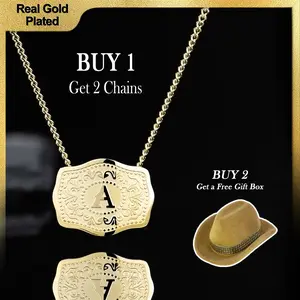Holylegend 14K Real Gold-Plated Initial Letter Pendant Necklace with Embossed Belt Buckle CowTag Western Style Jewelry Gift for Men Women Buy 1 Get 1 Free Chain 18"+2" Extender Length Handmade Perfect Gift