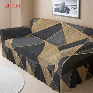 1PC Sofa Cover, Luxury Black Gold Brown Marble Geometric Pattern Printed Skirt Style Sofa Cover, Stretch Full Wrap Sofa Slipcover, Removable & Washable Sofa Protector, Universal Skirt Sofa Cover for Living Room, Home Decoration, 2D Flat Printing