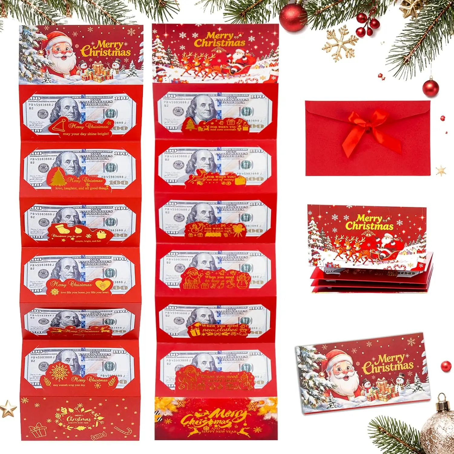 1/2/4 Pcs Christmas Money Envelope for Cash, Creative Folding Money Holder with 6 Slots, Luxury Paper Cash Gift Card Holder, DIY Holiday Money Gift Envelope for Xmas, Women Men Girls Boys Mom Dad