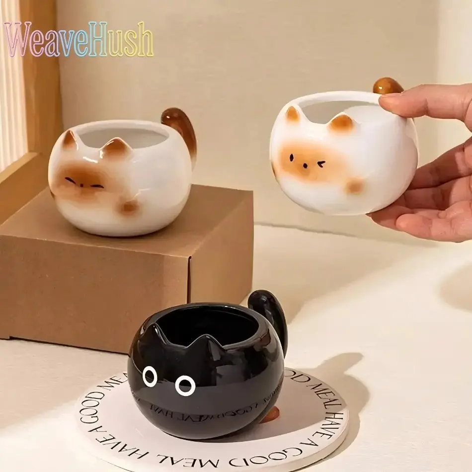 Double-Sided Ceramic Reusable Cup - High-Quality Creative Siamese Kitty Faces Drinkware with Stirring Function, Elegant Retro Humorous Mug for Managers, Ideal for Office Use