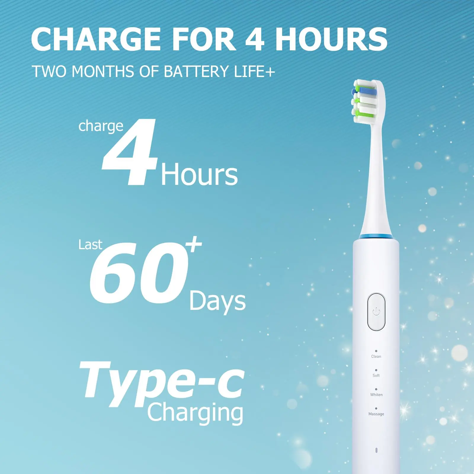 Electric Toothbrush for Adults, Rechargeable Sonic Toothbrush with 180 Days Battery Life, 5 Modes, 48000VPM Motor, Smart Timer, IPX8 Waterproof, 4 Brush Heads and Travel Case