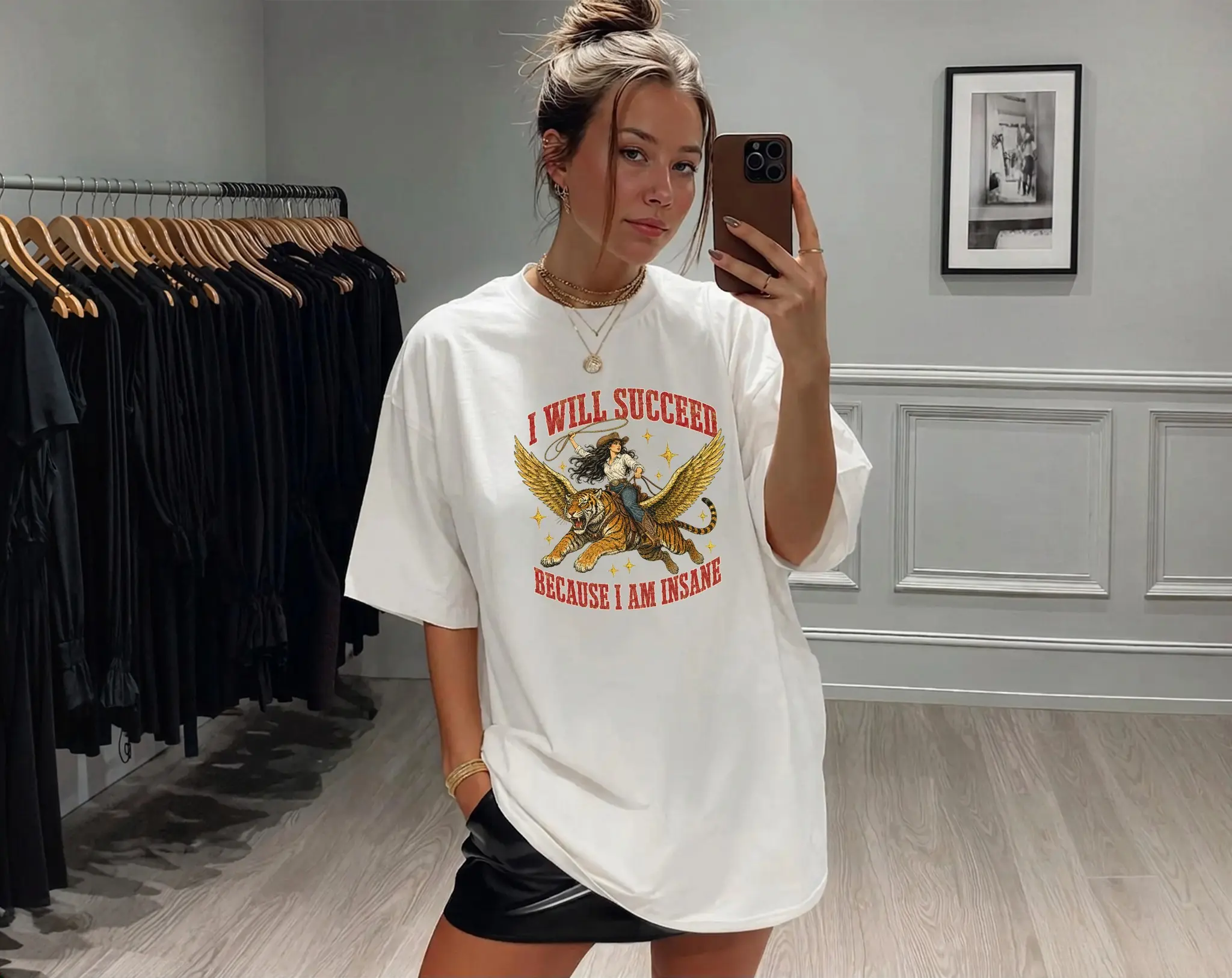I Will Succeed Because I Am Insane Funny Shirt, Cowgirl Riding Winged Tiger Graphic Tee, Comfort Colors Western Motivational Shirt, Sarcastic Quote Tee, Vintage Cowgirl Graphic Shirt, Retro Western Tiger Tee for Men Women Unisex