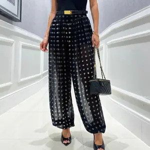 ChicMe Women's Polka Dot Sheer Lantern Pants High Waist Loose Fit Harem Pants Vintage See-Through Trousers with Lining