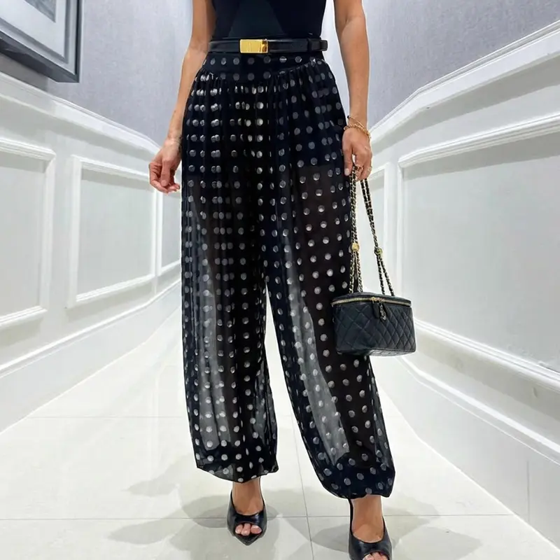 CHICME Women's Polka Dot Sheer Lantern Pants High Waist Loose Fit Harem Pants Vintage See-Through Trousers with Lining CHICME Women's Polka Dot Sheer Lantern Pants High Waist Loose Fit Harem Pants Vintage See-Through Trousers with Lining