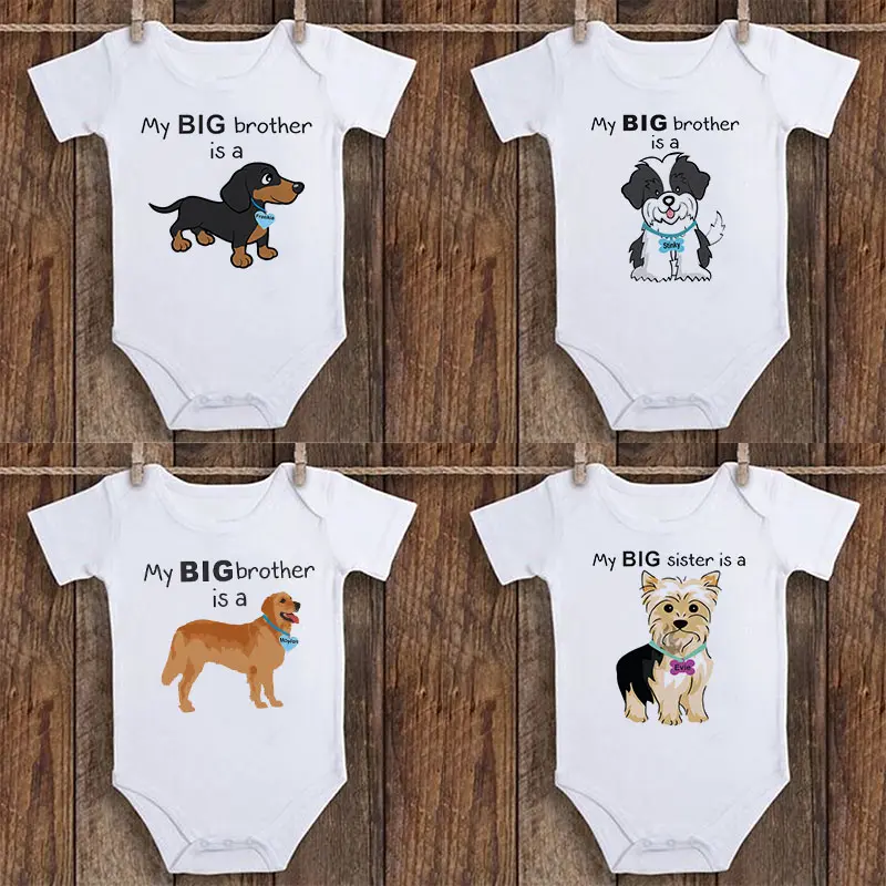100% Cotton Short Sleeve Newborn Bodysuit Outfit - Fun Themed "My Big Brother is a Dachshund" Print, Unisex Baby Clothing, Baby Shower Gift, Fun Themed Bodysuits, Animals, Buttons, Fitted, Snap Buttons, Envelope Neck, Boys Or Girls, Skin-Friendly, Cute, C